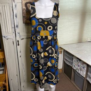 BCBG Maxazria Black Blue Circular Geometric Square Neck Sleeveless Dress